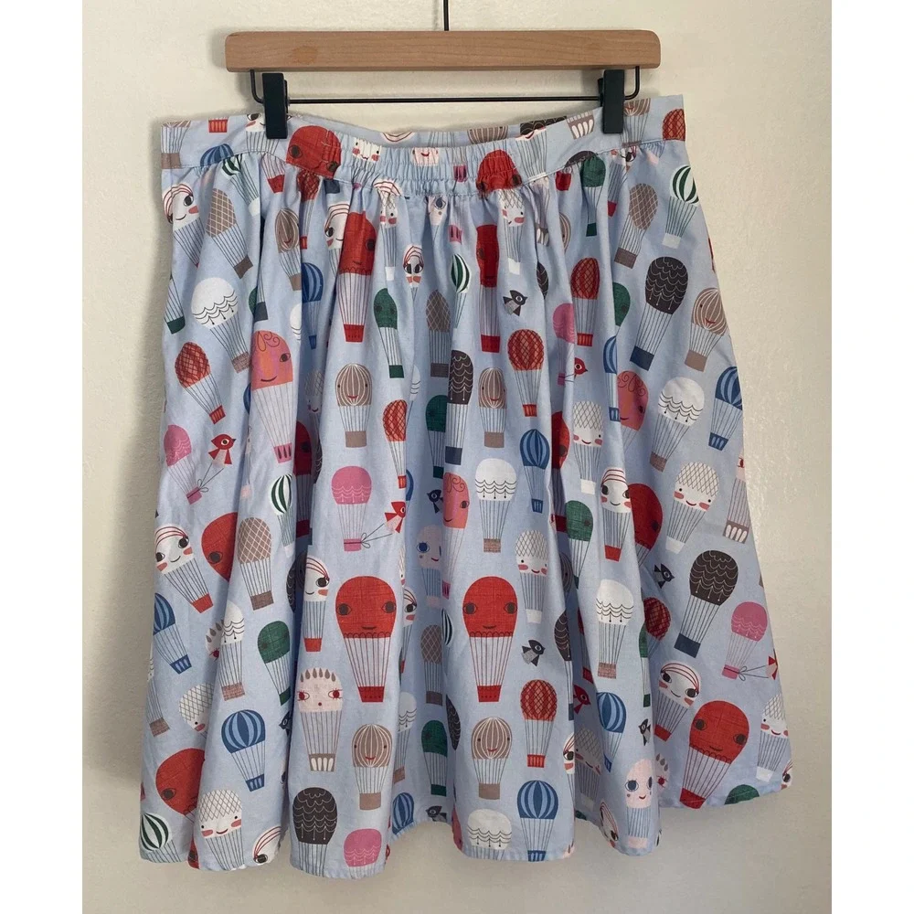ModCloth Hot Air Balloon Print A-Line Skirt Blue Cotton XL Pocket Retro Style - Picture 3 of 14
